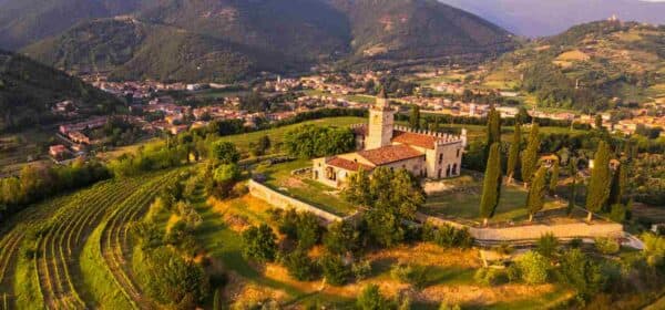 Aerial view of the Franciacorta countryside, Lombardy, Italy