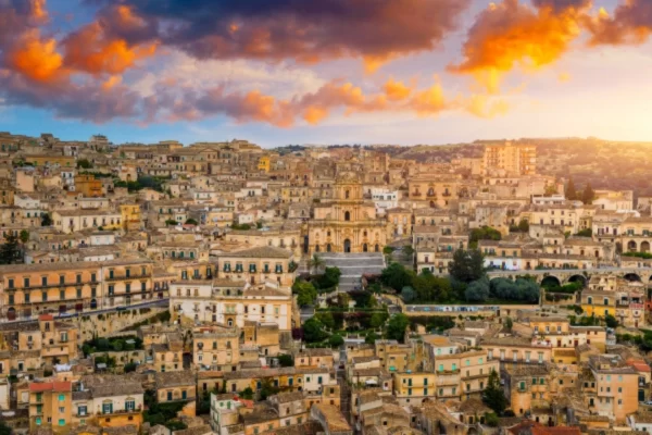modica baroque cityscape cathedral sunset
