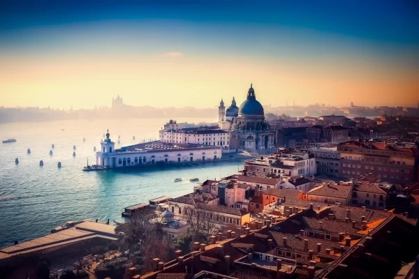 venice grand canal basilica panorama sunset view.