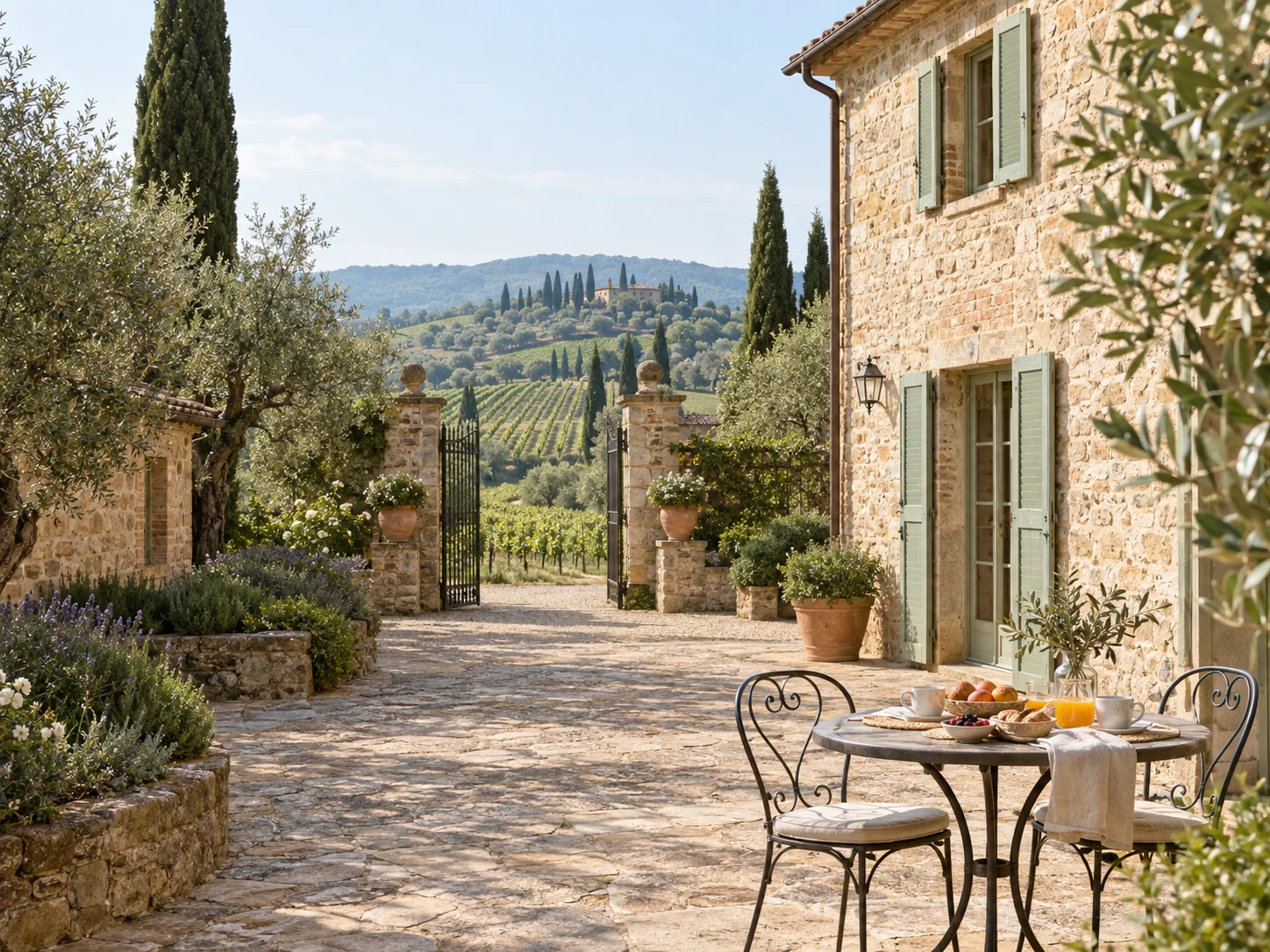 AI illustration of a Tuscan estate courtyard with a breakfast table