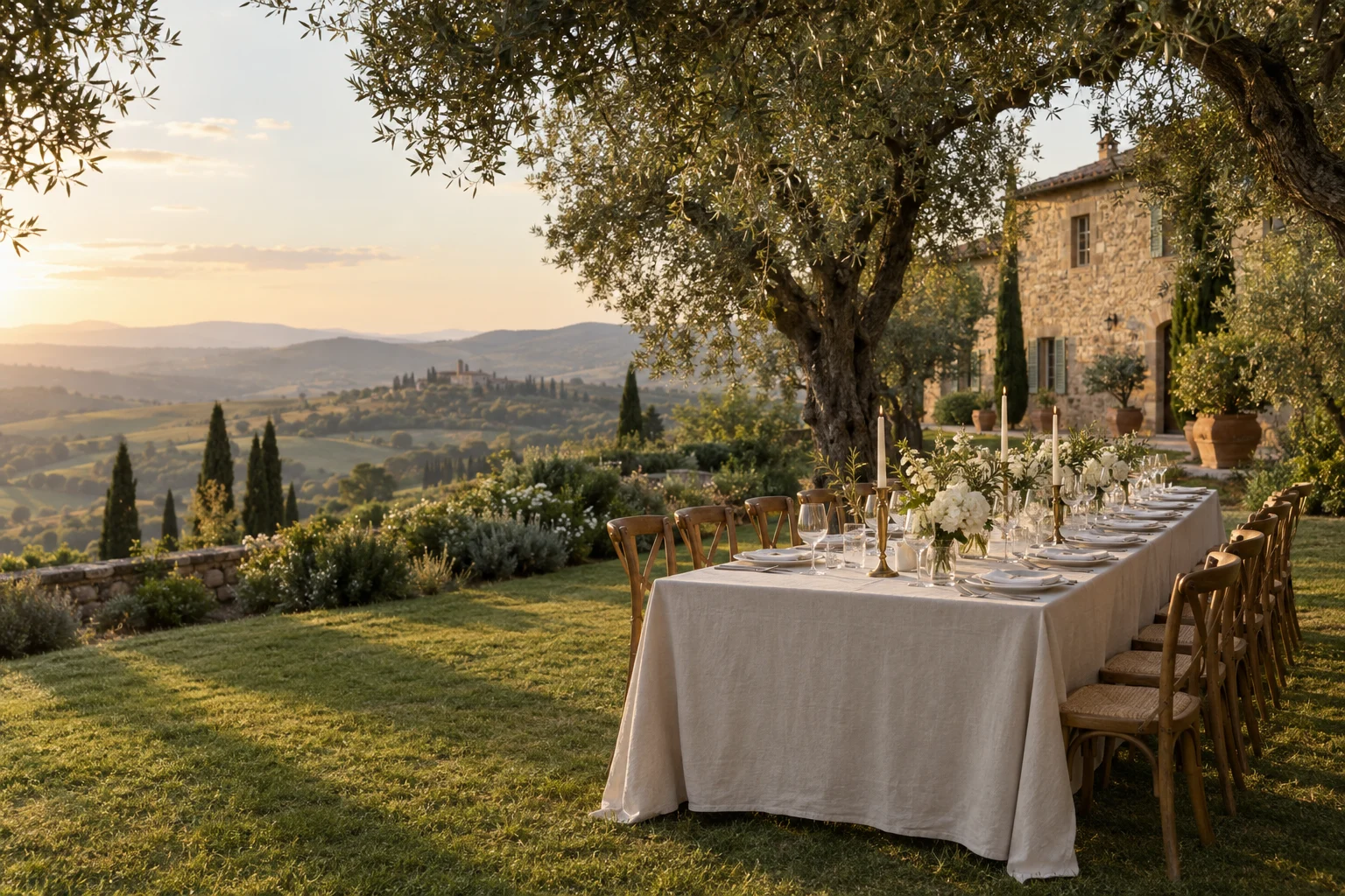 AI illustration of a private dinner in a Tuscan villa garden